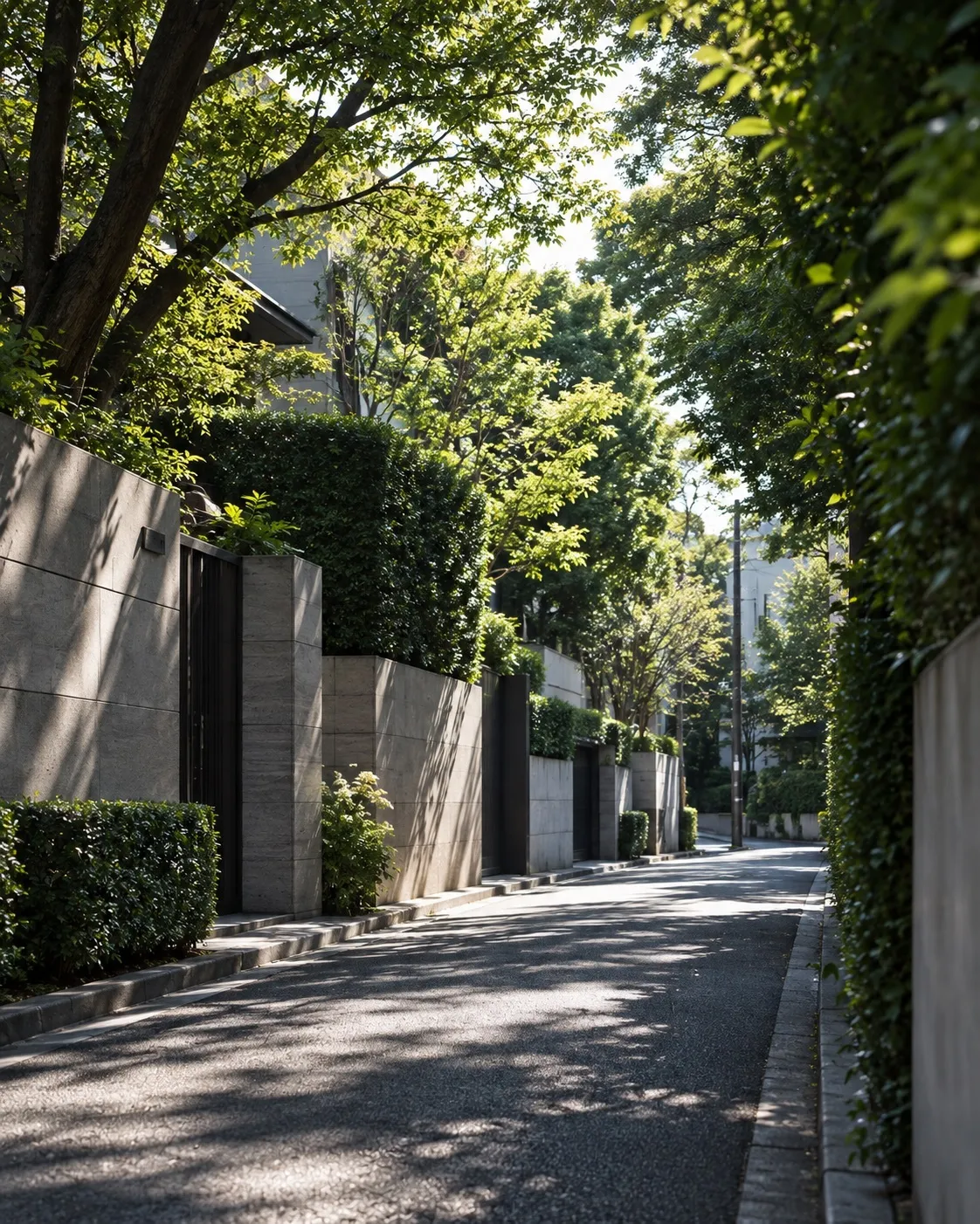 A quiet residential street in Daikanyama, dappled light falling through trees onto stone walls and hedges