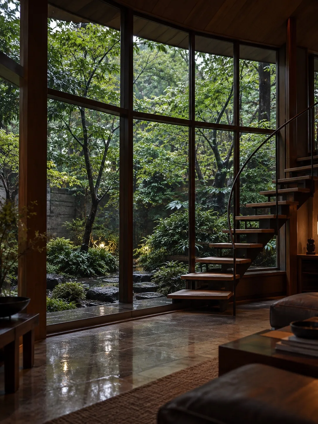 Floor-to-ceiling window onto a garden in soft rain, wet stone floor reflecting the light