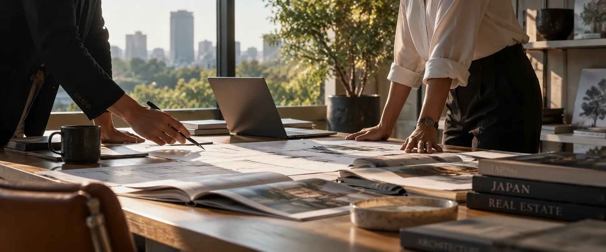 Hands over plans and books on a wooden desk in a sunlit office, the city and trees beyond the window