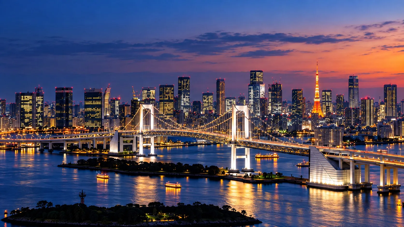 The Rainbow Bridge and the Tokyo skyline at blue hour, Tokyo Tower glowing against an orange sky over the bay
