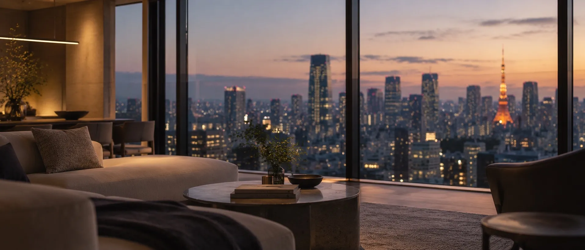 A calm high-rise living room at dusk, the Tokyo skyline and Tokyo Tower softly out of focus beyond floor-to-ceiling glass
