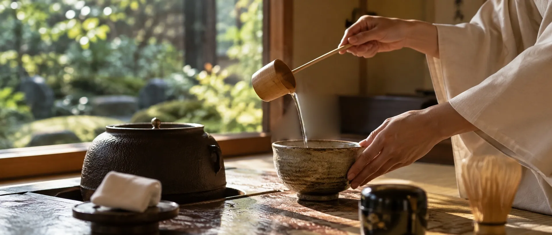 Hands ladling hot water into a tea bowl beside a garden window