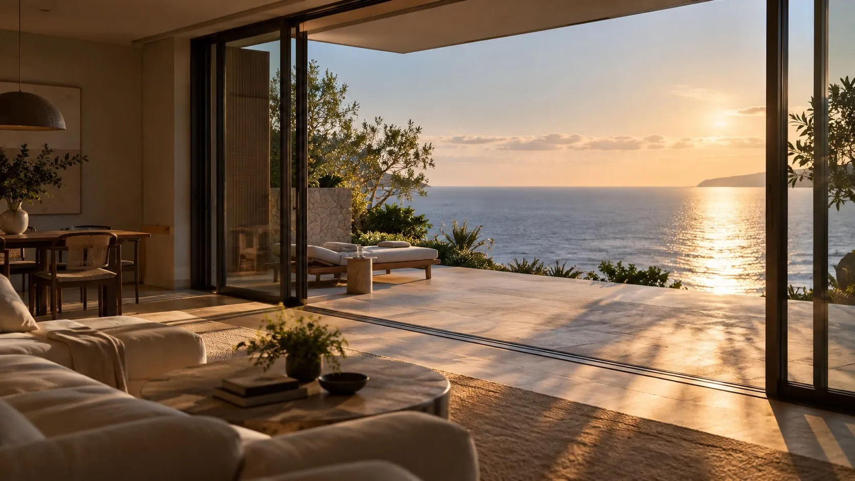 A living room opening through wide sliding doors onto a terrace, evening light from the sea flooding across the floor